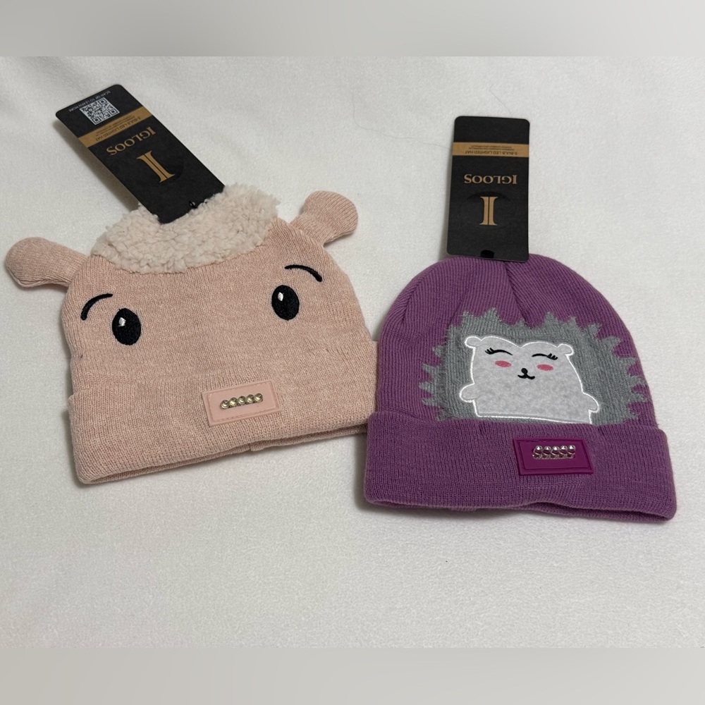 Igloos Set of 2 Kids Animal 5 Bulb LED Lighted Beanie Hats - NWT